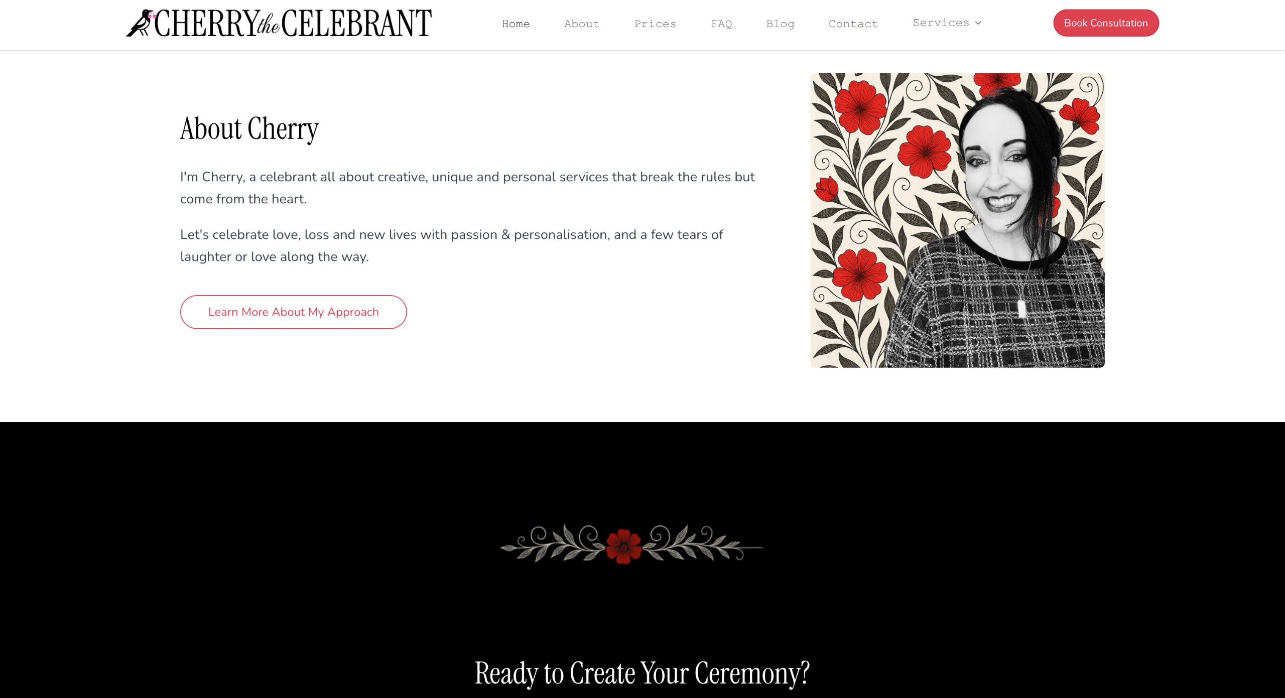 Cherry the Celebrant website, the About Cherry section